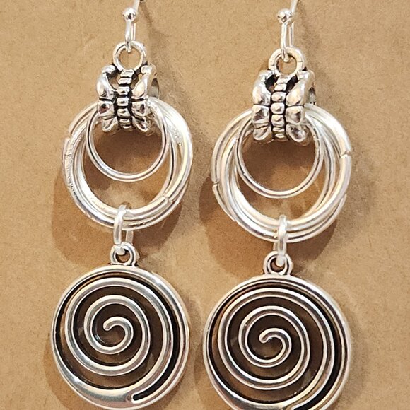 Bright Silver Chainmail Double Spiral Drop Earrings - Picture 3 of 7